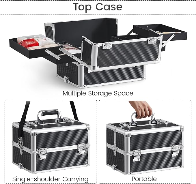 Yaheetech 5 in 1 Rolling Makeup Train Case, Lockable Black Cosmetology Cart | Extra large aluminum-trimmed nail storage cart with detachable tiers, a lipstick organizer, shoulder strap and smooth wheels - Image 4