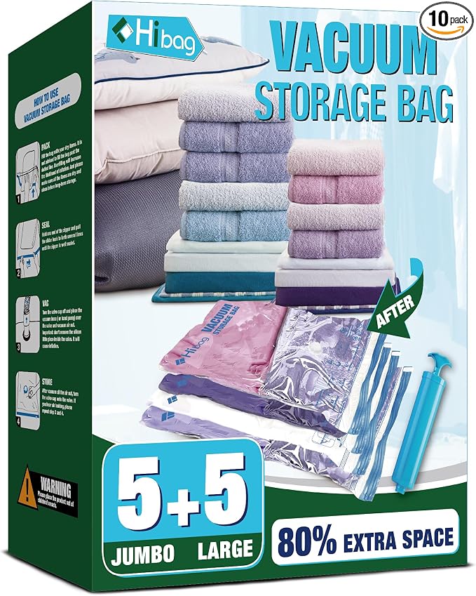 Vacuum Storage Bags, Vacuum Seal Bags for Clothing, 5 Jumbo 5 Large | Extra Large XL, Airtight Triple Seal, Save 80% Space, Hand Pump, Work with Vacuum, Double Zip, Reusable, Easy to Use by HIBAG