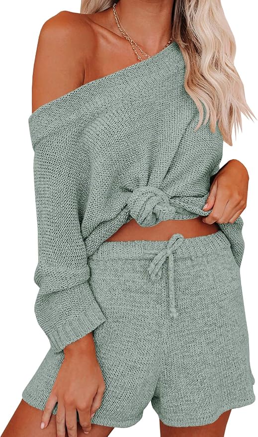 Ermonn Womens 2 Piece Outfits Sweater Sets Off Shoulder Knit Tops Waist Short Suits Casual Pajama Set - Image 2