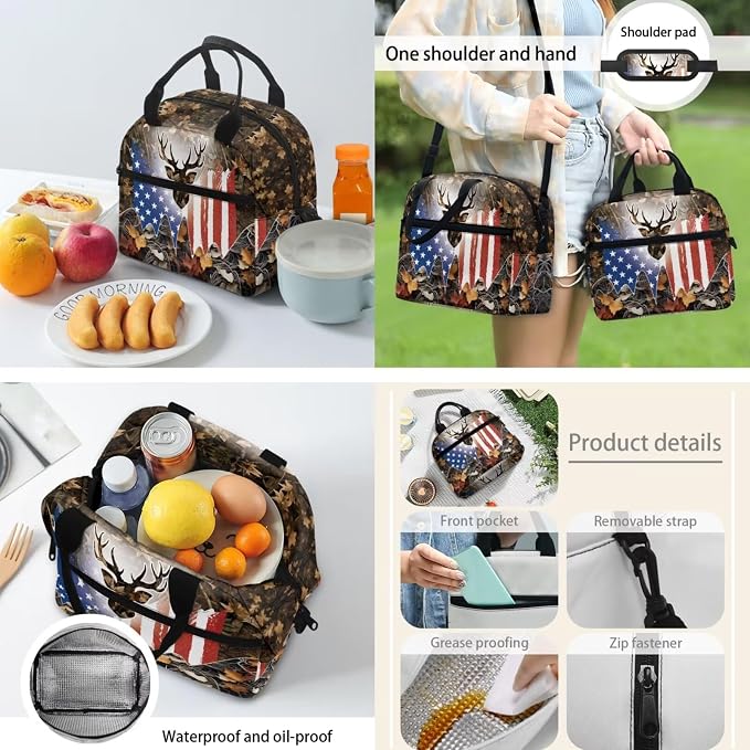 School Backpack 4 Pcs Set Include Insulated Lunch Bag and Pencil Box and Water Bottle Bag, School Bookbag Outdoor Travel Bags Casual Daypack for Teens Kids, American Flag Deer Branch - Image 4