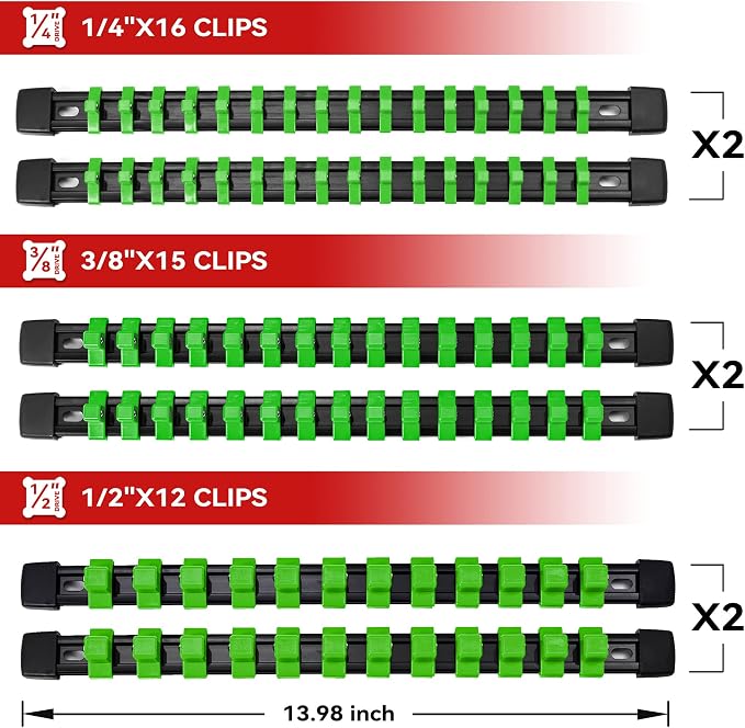 ALOANES 12PC Socket Organizer, Socket Rails Fit 1/2", 1/4" and 3/8" Drive | Portable Heavy Duty ABS Socket Holders Hold up 172 Sockets for Toolbox Drawer Bags(Green) - Image 2