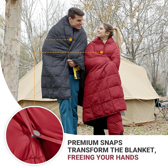 KingCamp Ultralight Camping Blanket, Packable Down Alternative Puffy Wearable Blankets Weatherproof Warm Package Quilt with Snap Buttons for Outdoor Hiking Travel, Picnic Stadium, (69" x 53" Crimson) - Image 3