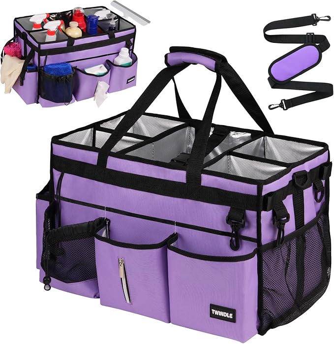 Large Cleaning Caddy Bag With Detachable Divider,Caddy Organizer With Handle,Cleaning Supply Storage With Adjustable Shoulder Strap & Waist Belt For Cleaners,Cleaning Housekeepers by TWINDLE