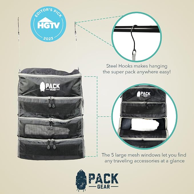 Pack Gear Hanging Carry-On Organizer - Our Fitted Hanging Luggage Organizer Perfectly Fits Any Carry On - Our Packing Cubes For Travel Use Mesh Windows to Make Finding Clothes Easy (Black, M) - Image 8
