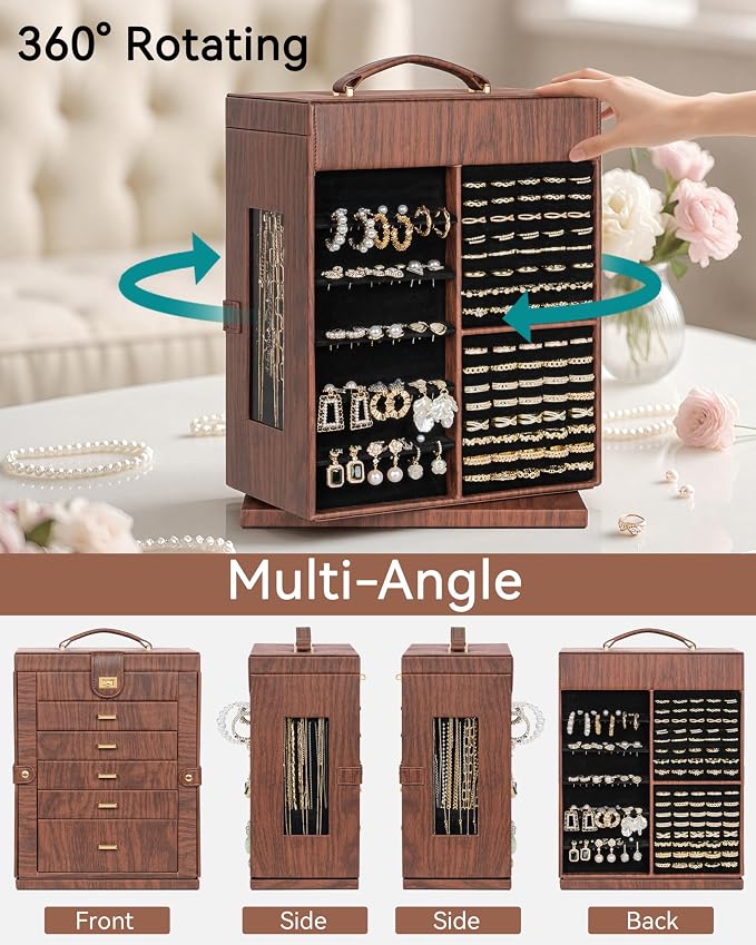 AKOZLIN 6-Tier Jewelry Box Organizer Functional 5 Drawers Leather Jewelry Storage Case for Women Girls Ring Necklace Earring Bracelet Holder Organizer with Mirror XL Red 360° Rotating - Image 4