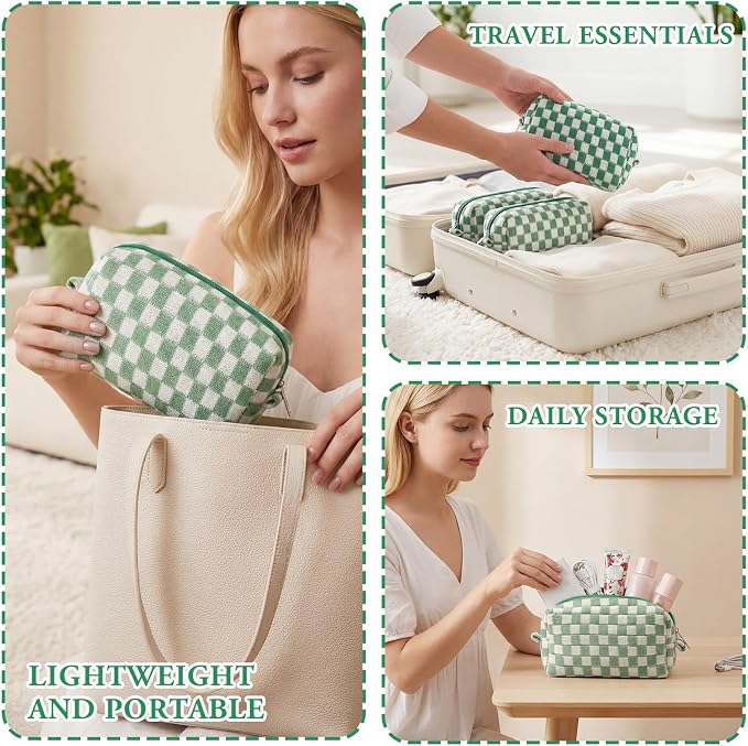 Gilprop 8 Pcs Checkered Makeup Bag for Purse Small Cosmetic Pouch Bulk Portable Zipper Makeup Pouch Travel Toiletry Organizer Gifts for Women Bridesmaid Wedding Party Favors (Green) - Image 6
