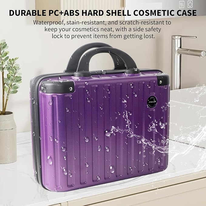 14 Inch Portable Waterproof Hard Shell Travel Makeup Case (Purple) | with Lock, ABS Scratch-Proof, Carrying Cosmetic Organizer Case with Elastic Band, Mini Suitcase Vanity Case for Women Girl - Image 6