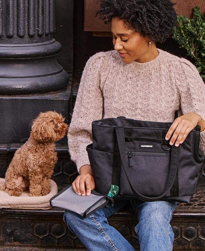 Cleverpup Transit Tote Dog Carrier for Small Dogs Under 8 lbs, 16x11x8 Soft-Sided 4-Pc Set with Waterproof Base, Plush Insert, Food Pouch, Mesh Head Opening - Small Graphite - Image 7