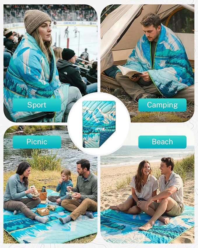 Gonex Camping Blanket with Aero-Warmth Breathable Layer - Puffy Printed Packable Blanket, Ultralight Wearable Water-Resistant Quilt, 79" X 55" for Camping, Beach, Hiking, Travel, Picnics (Iceberg) - Image 6