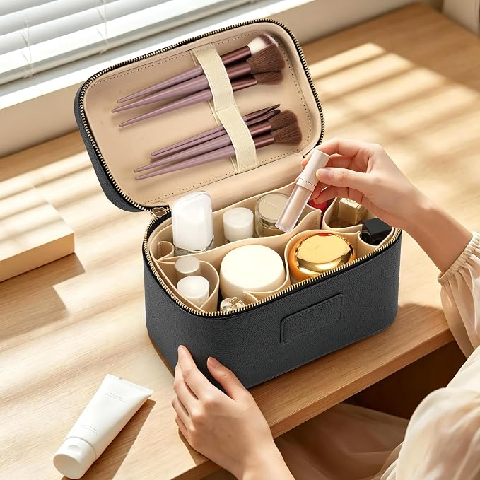 Makeup Bag Travel Toiletry Leather Cosmetic Case, Waterproof Makeup Organizer with Brush Holder, Wipe Clean Removable Divider Vanity Train Bag for Women, Black - Image 6