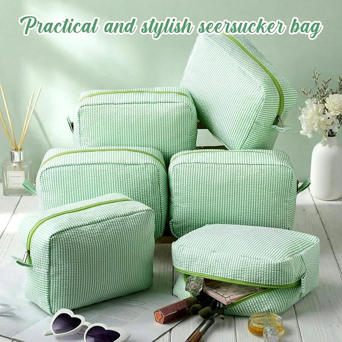 Sanwuta 6 Seersucker Cosmetic Bag Bulk Striped Makeup Bag for Women Aesthetic Cute Travel Toiletry Organizer Preppy Storage Pouch for Wedding Bridesmaid Mother's Day Teacher Gift (Large,Green) - Image 5