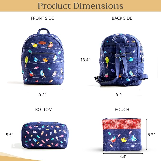 Maison d' Hermine Backpack for Women Men Cotton Shoulder Multipurpose Rucksack with Small Pouch Lightweight Multi Pocket Bag for Travel Work Perfect for Spring Summer (Birdies on Wire - Navy) - Image 5