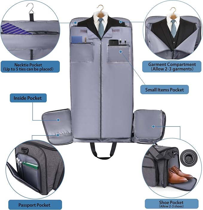 HILOMON Garment Duffle Bags for Travel, YKK Zippers Carry On Convertible Suit Bag with Waterproof Compartment & Shoe Compartment & Shoulder Strap - Image 3