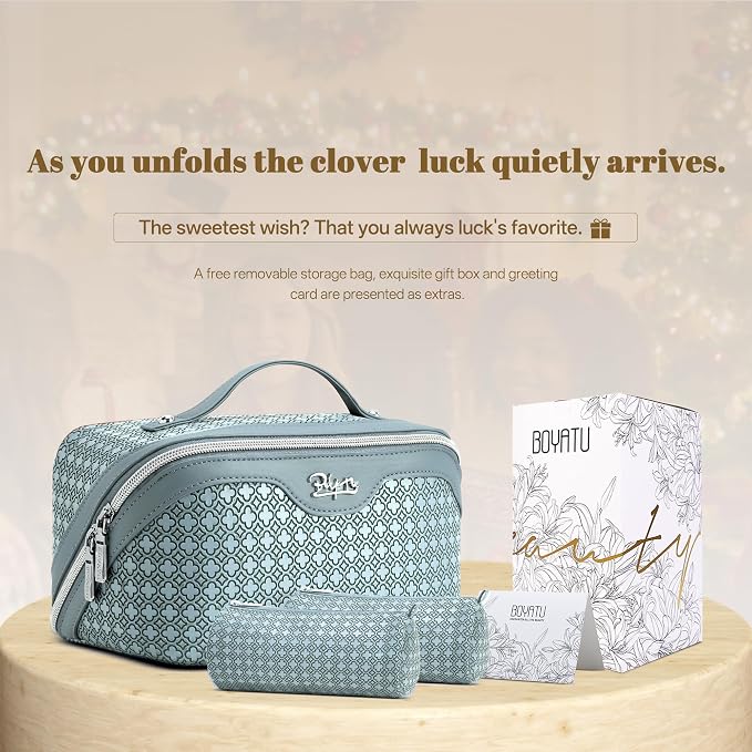 BOYATU Travel Makeup Bag for Women: Four Leaf Clover Large Capacity 3 Pcs Set Cosmetic Bags - Waterproof 50% Extra Space for Toiletry Organizer - Travel Essentials for Fortunate (04 Light Blue) - Image 6