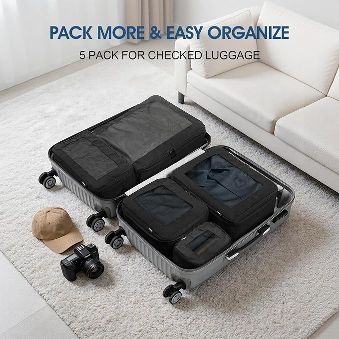 Compression Packing Cubes - Travel Organizer Bags for Suitcases and Luggage, Eco-Friendly Fabric (5-Pack) (Black) - Image 7