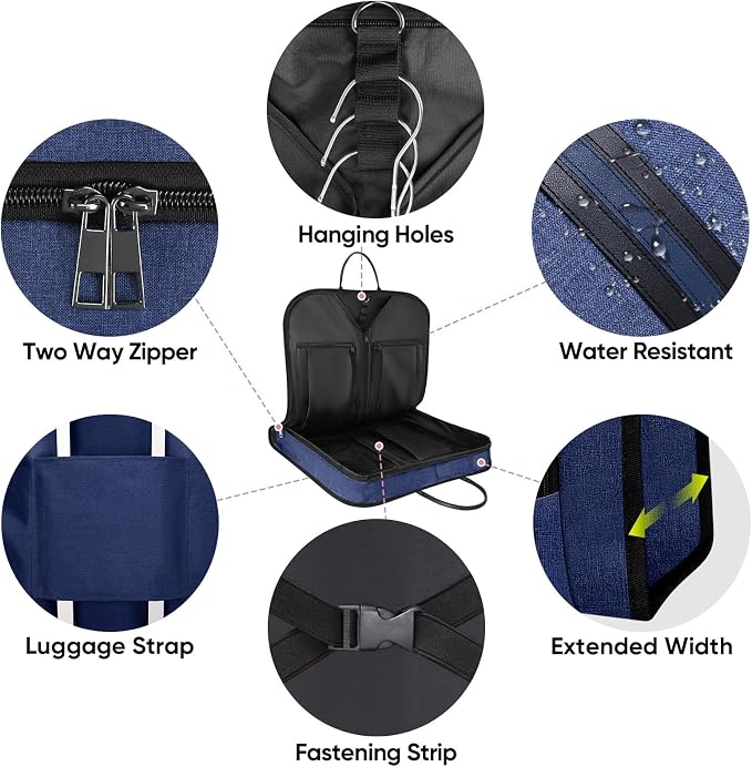 BALEINE Travel Garment Bag, Travel Suit Bag for Men, Water Resistant Carry on Garment Bag for Hanging Clothes, Garment Duffel Bag for Travel Business (Blue, 48") - Image 2