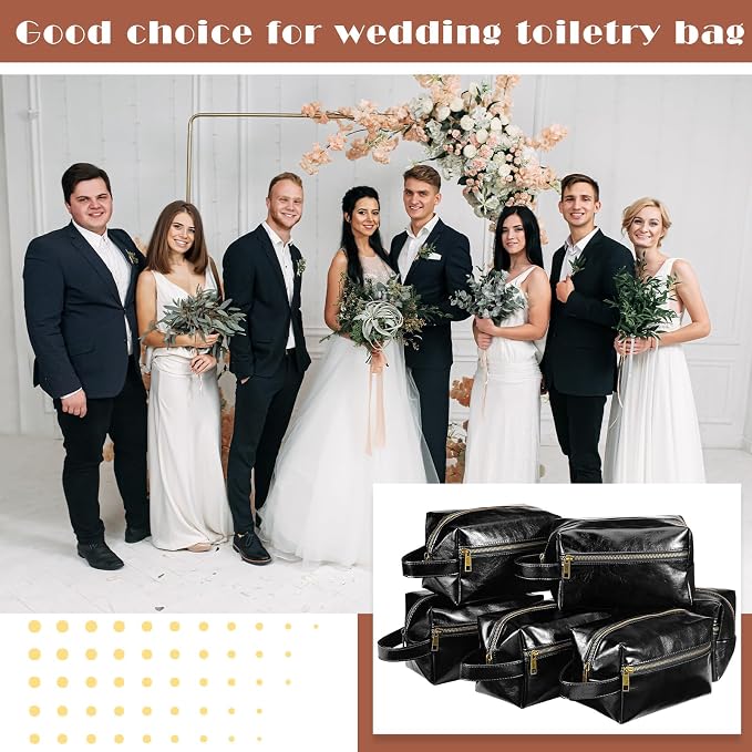 Hillban 6 Pcs Groomsmen Gift Men Travel Toiletry Bag, Bestmen Gifts Set, Leather Toiletry Bag with Side Handle Water Resistant Bathroom Supplies for Wedding Party Favor(Black) - Image 7