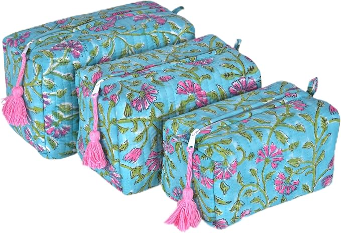 Quilted Floral Block Print Makeup Bag Set of 3 – Cotton Travel Toiletry and Makeup Organizer, Cosmetic Pouch, Toiletry Bag for Women, Cute Boho Coquette Make Up Bags for Women (Small, Medium, Large) by Vivanta