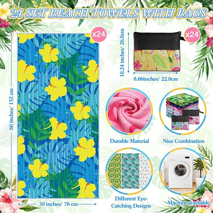 Peryiter 48 Pcs Microfiber Beach Towel with Bags Bulk, 24 Large Quick Dry Pool Towels and 24 Storage Bags, 30 x 60 Inch Turtle Leaf Blanket for Beach Swimming Summer Party Camping Travel Women - Image 2