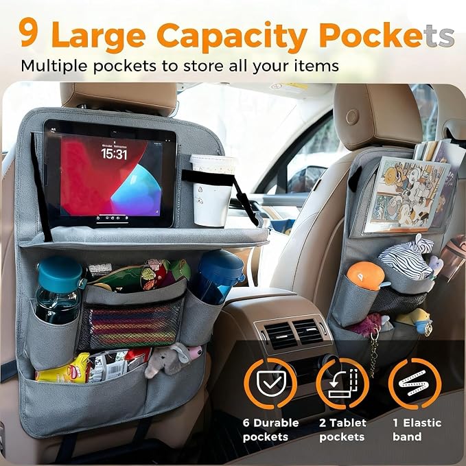 Backseat Car Organizer with Tray, 9 Storage Pockets Back Seat Protector with Foldable Tablet Holder, Waterproof Back of Seat Kick Mats for Kids Adult, Travel Accessories 2 Pack, Gray - Image 2