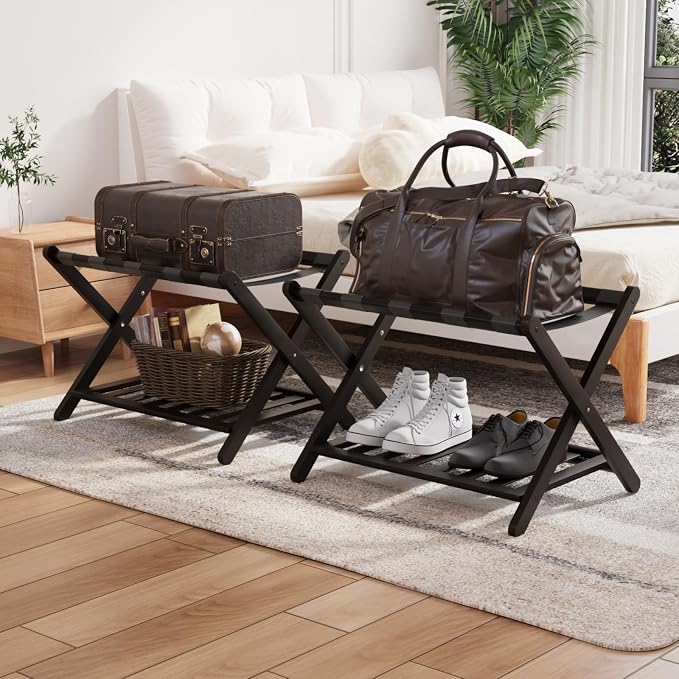Smuxee Fully Assembled Black Luggage Racks Pack of 2, Upgraded Bamboo Foldable Suitcase Stand with 5 Nylon Straps, Luggage Holder with Shelf for Guest Room Bedroom Hotel - Image 7