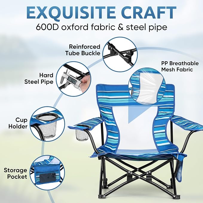 HaSteeL Folding Beach Chair Set of 2, Foldable Striped Camping Chairs for Outside, Low Beach Chair Portable for Adults Fishing, Picnic, Outdoor BBQ, Travel, Sports, Cup Holder & Storage Bag - Image 3