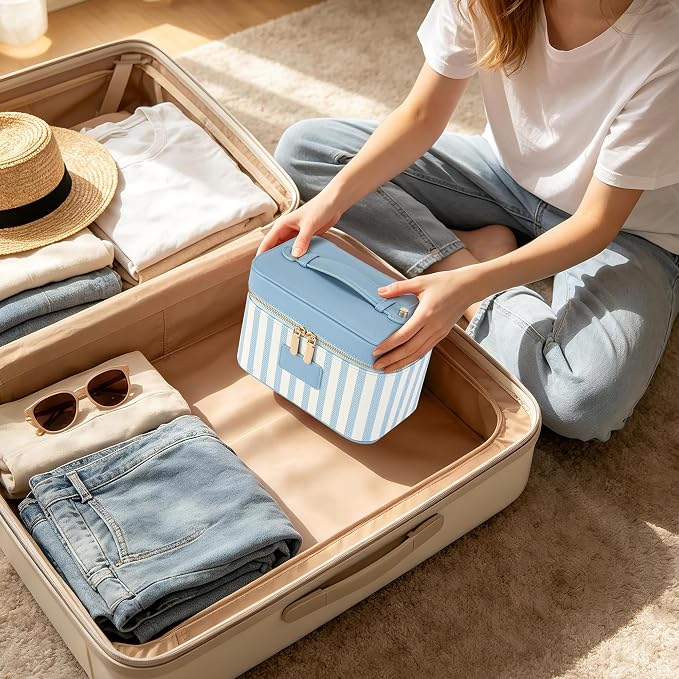 Makeup Bag Travel Toiletry Leather Cosmetic Case, Waterproof Makeup Organizer with Brush Holder, Wipe Clean Removable Divider Vanity Train Bag for Women, Misty Blue - Image 5