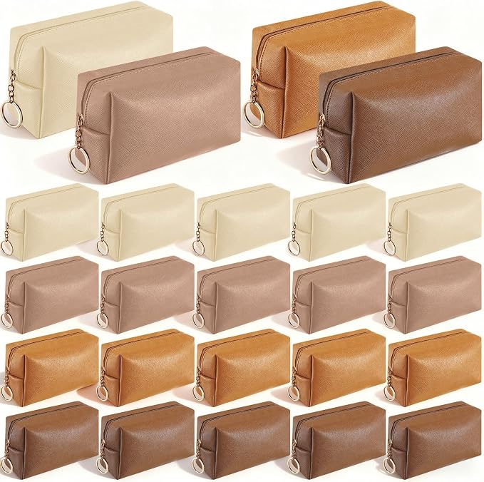 Chunful 24 Pcs Preppy Makeup Bag PU Leather Cosmetic Bag Bulk Makeup Plain Pouch Waterproof Toiletry Purse for Women Traveling Preppy Pencil Case Valentine's Day Gifts(Brown Series) by Chunful