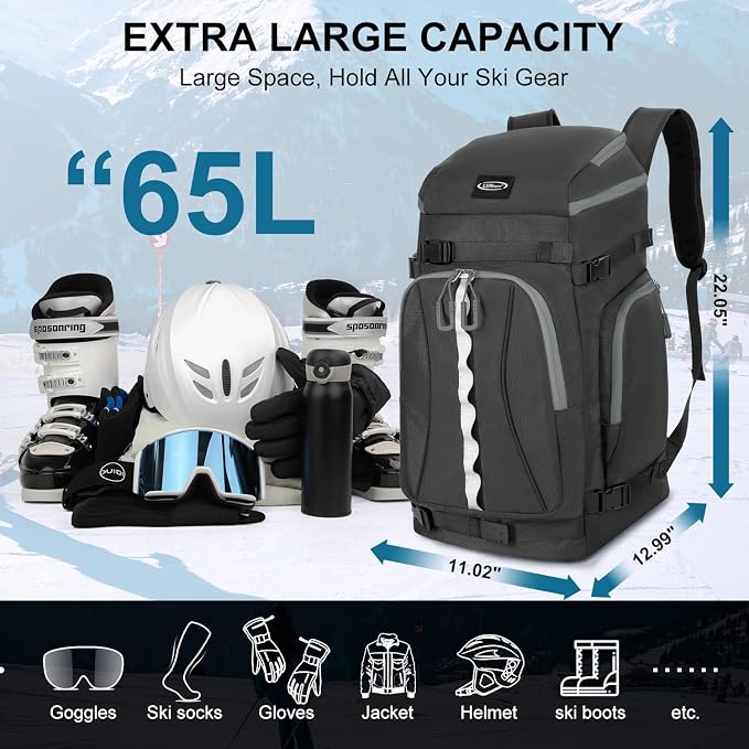 Ski Boot Bag, 65L Waterproof Ski Bag & Snowboard Boot Bag, Travel Backpack for Skis Snowboard Helmet Goggles & Accessories - Image 2
