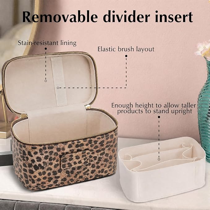 Makeup Case for Women, Leather Makeup Bag Cosmetic Case with Removable Divider, Large Capacity Waterproof Portable Travel Toiletry Make up Organizer Case - Image 4
