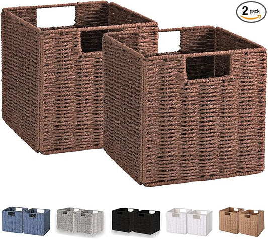 Vagusicc Wicker Storage Basket, Set of 2 Hand-Woven Storage Baskets for Shelves, Foldable Cube Storage Baskets Bins with Handles, 9 inch Small Wicker Baskets for Organizing Pantry Bedroom, Brown by Vagusicc