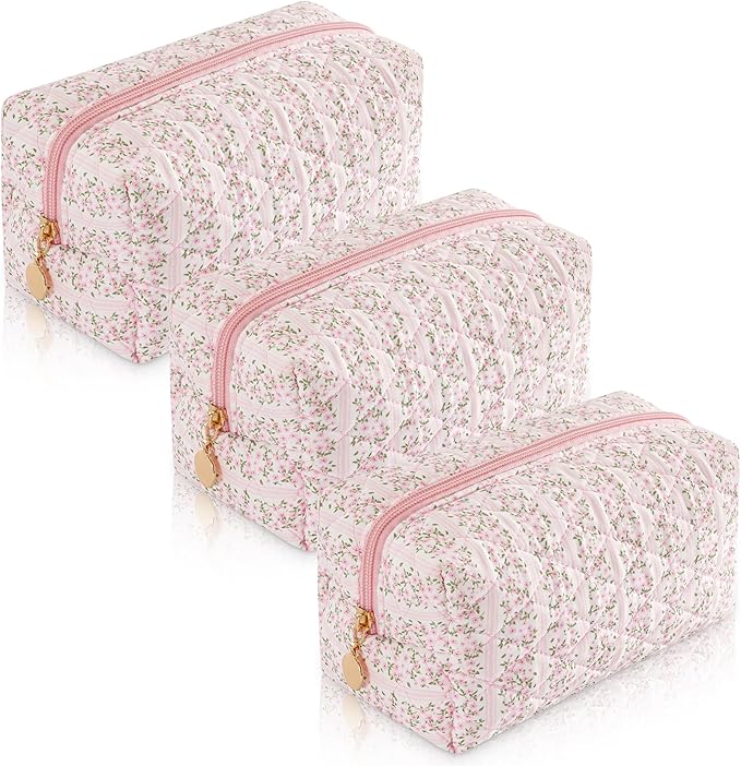 3PCS Makeup Bag Travel Toiletry Bag for Women, Small Cosmetic Bags Aesthetic Organizer Quilted Cotton Makeup Pouch & Purse Emergency Bag Floral Pencil Case Accessory Bag, Pastel Pink by Unknown