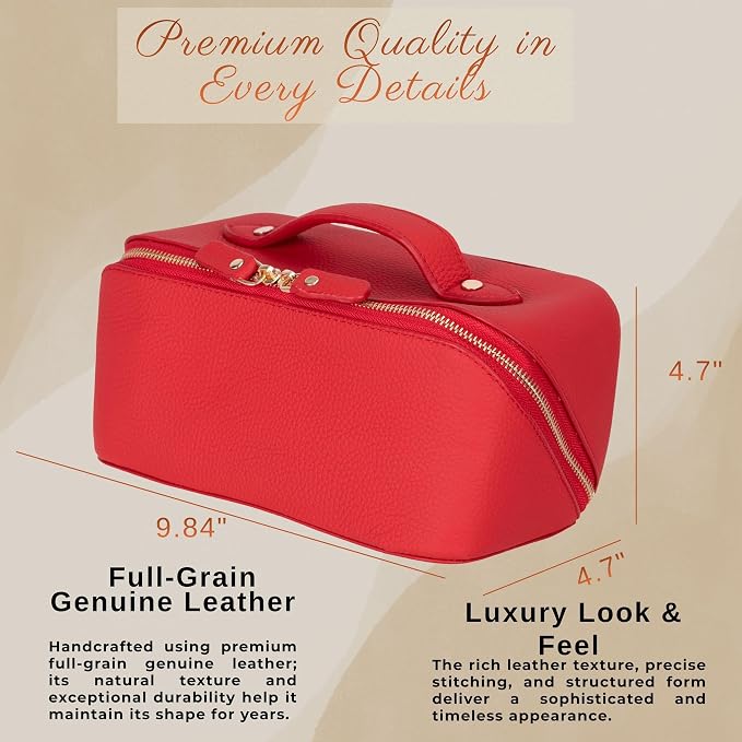 VENOULT Makeup Bag, Spacious Cosmetic Case for Women, Portable 180° Wide-Open Flat Cosmetic Bag, Travel Toiletry Organizer with Handle, Hanmdade, Full Grain Genuine Turkish Leather (Carmine) - Image 3