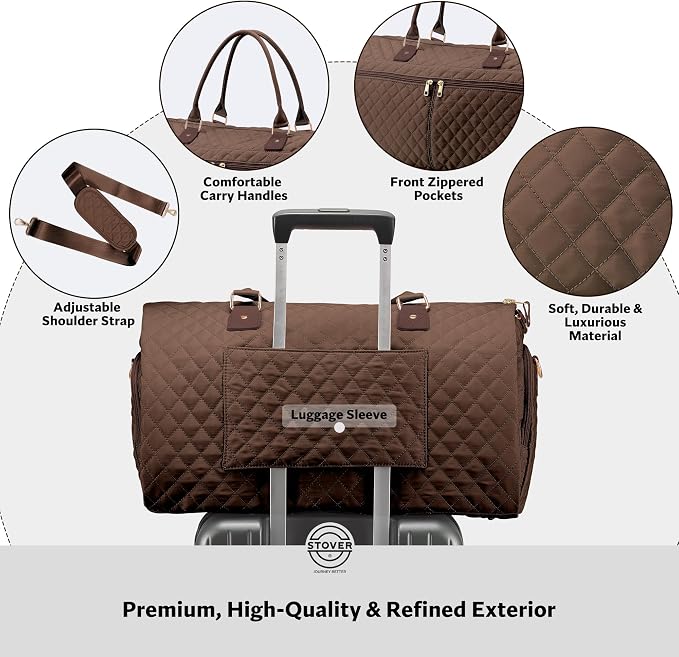 STOVER Women’s Convertible Garment Duffel Bag for Travel – 2-in-1 Carry-On Weekender/Overnight Tote - Wrinkle-Free Dresses, Suits & Clothes + Shoe Compartment & Bonus Toiletry Bag (Mocha Brown) - Image 4