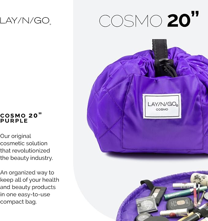 Lay-n-Go Cosmo Layflat Drawstring Cosmetic & Makeup Bag Organizer w/Zipper Pocket, Brush Loops & More, Cinch to Close, Lay Flat to Use, Durable, Machine Wash, Travel Toiletry Bag (20", Purple) - Image 2