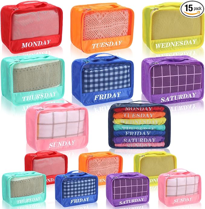 Days of Week Packing Cubes Summer Camp Essentials Weekly Organizer Storage Bag School Clothes for Travel Kids Family(9x7x3inch,Rainbow,15) by Yeyeplum
