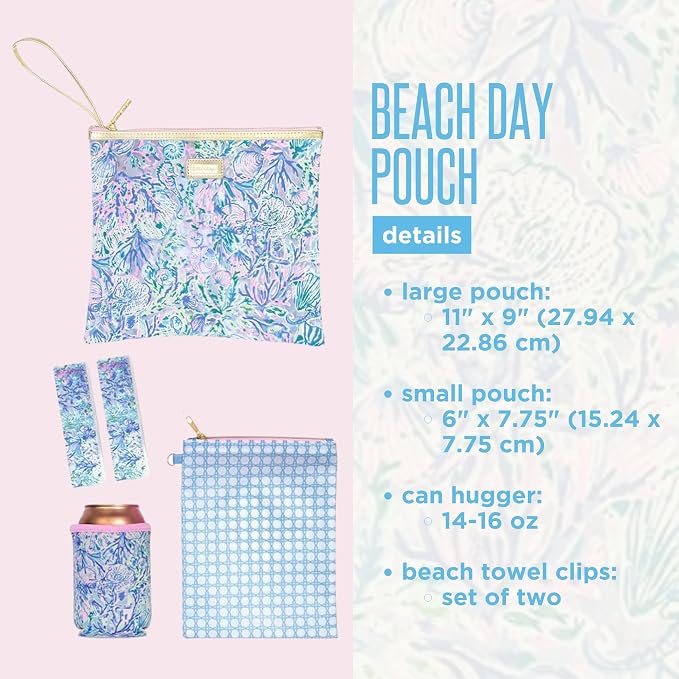 Lilly Pulitzer Water Resistant Vinyl Beach Day Pouch, Zipper Bag Includes Drink Hugger, Small Pouch, and Towel Clips - Image 2