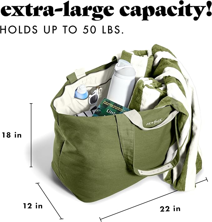 Fit & Fresh XL Beach Tote Bag for Women – XL Travel Tote with Zipper & Pockets, Oversized Canvas Pool Bag, Weekender Carry-On - Image 3