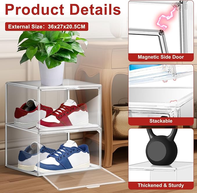 8 Pack Clear Shoe Boxes Shoe Organizer for Closet Size 12 Transparent Sneaker Display Case Stackable Storage Cubbies Grow Box with Magnetic Lid - Image 4