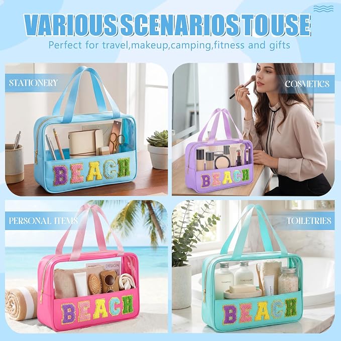 Hillban 6 Pcs Clear Beach Makeup Bags Bulk Travel Toiletry Bags with Handle Chenille Letter Large Waterproof Storage Preppy Patch PVC Nylon Cosmetic Bag for Summer Beach Pool Vacation Women Gift - Image 5