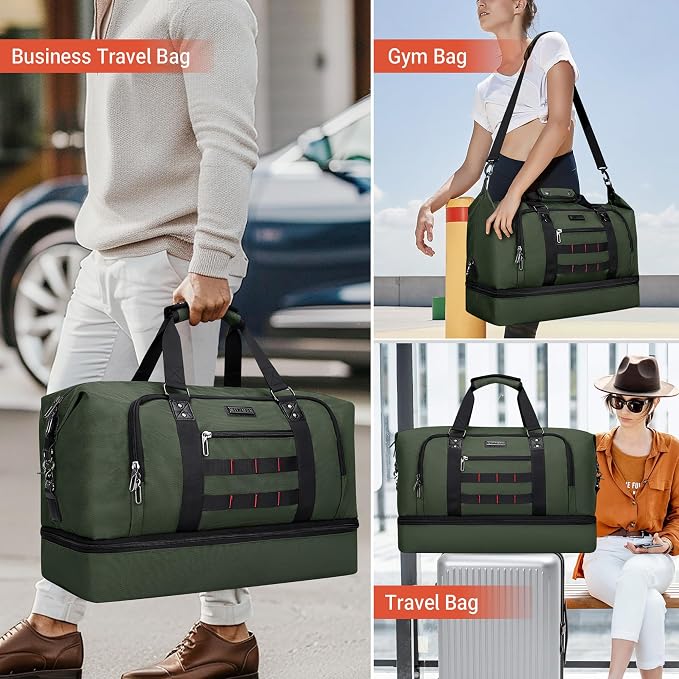 WITZMAN Nylon Duffle Bag for Men 55L with Toiletry Bag Sets Overnight Bag | Multi-pockets with Shoe Compartment and Dry-wet Pocket, Carry On, Convertible for Gym, Overnight, Sports, B696 Army Green - Image 2