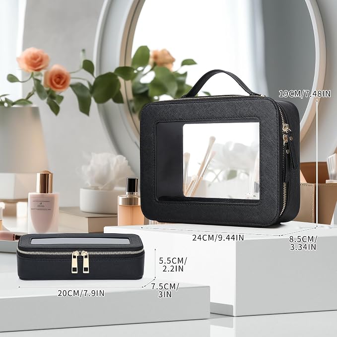 Pinkmik Clear Makeup Bag with Brush Bag 2pcs Waterproof Travel Case for Cosmetics and Toiletries Women's Cosmetic Organizer with Zipper (Black, L+SLIM) - Image 2
