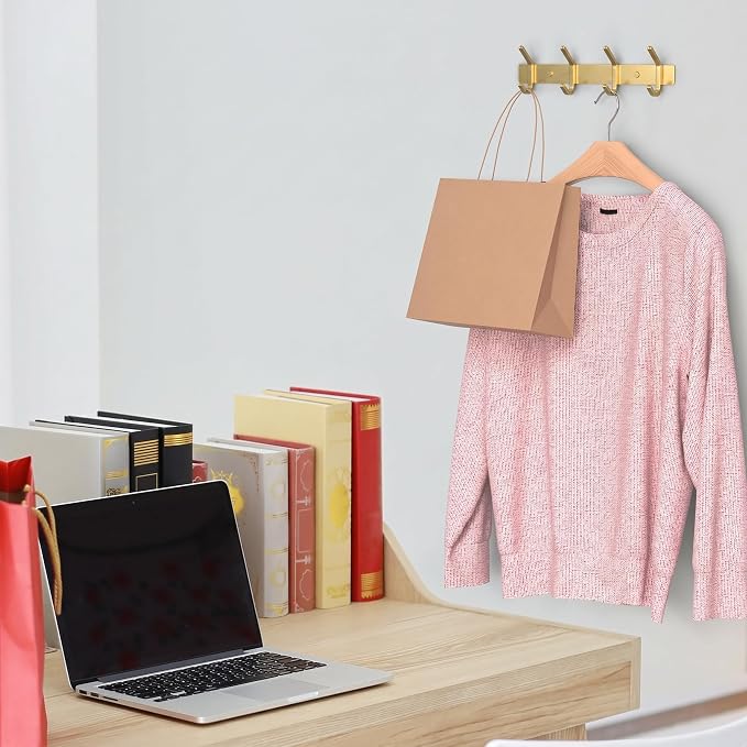 Brushed Gold Wall Mounted Coat Rack – 12 Inch Stainless Steel Rail with 4 Double Coat Hooks for Entryway, Bathroom, Bedroom, Kitchen – Modern Gold Hook Rack for Coats, Hats, Towels - Image 5