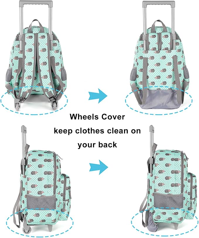 Tilami Rolling Backpack 18 inch Double Handle with Lunch Bag Wheeled Kids Backpack for Girls and Boys, Hedgehog Green - Image 5
