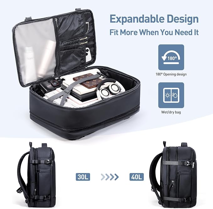 SHOWKOO Laptop Backpack for 17 Inch Laptop, 40L Expandable Large Capacity Backpack, TSA Carry On Travel Backpack with Padded Laptop Compartment, Water-Resistant College & Commuter Bag, Black - Image 4