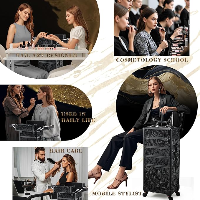 Stagiant Rolling Makeup Case Cosmetology Case on Wheels 4 in 1 Makeup Travel Case Extra Large Cosmetic Box with Key Make Up Artist Traveling Storage Nail Case Salon Barber Cart Trunk Alpine Black - Image 3