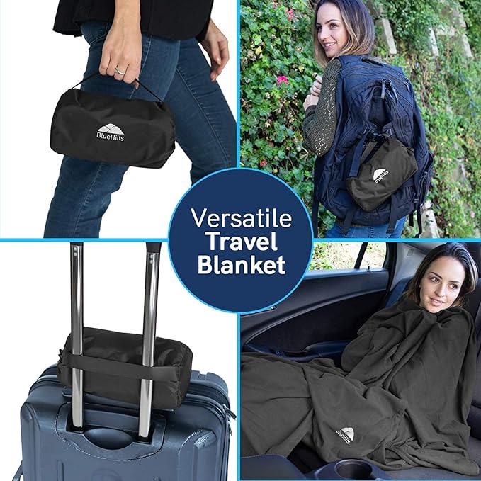 BlueHills Ultra Compact Travel Blanket Pillow 2 Pack Airplane 70X56In Black | Travel Blanket Pillows for 2, Matching Case, Luggage Belt & Backpack Clip, 70 X 56 Long, Must Have Airplane Travel Essentials - Image 3
