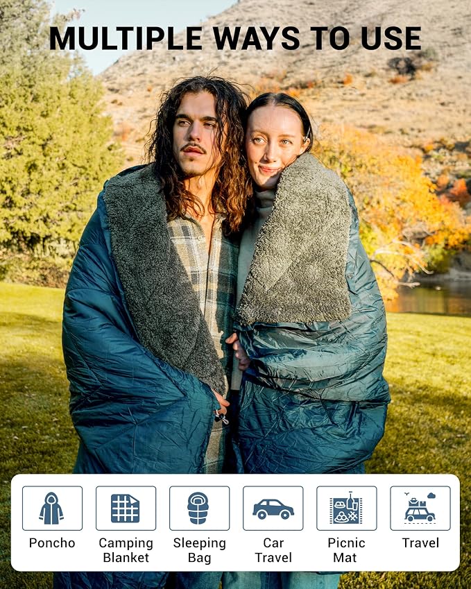 KingCamp Large Camping Blanket with Sherpa Lining, Packable Down Alternative Puffy Printed Wearable Blanket with Snap Buttons, Warm Weatherproof Quilt for Outdoor Travel (79" L x 57" W, Grey/Navy) - Image 5