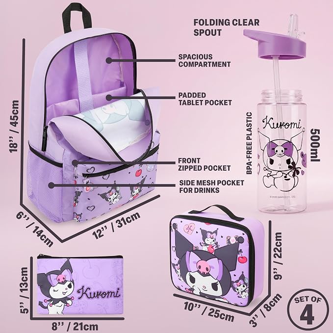 Get Trend Kuromi Girls Backpack, Lunch Bag, Pencil Case, Water Bottle | Sanrio 4 Pc Set, 18in Bookbag, Insulated Lunch Bag, Pencil Pouch & 16.9 fl oz BPA-Free Water Bottle, School, Gifts for Girls - Image 3
