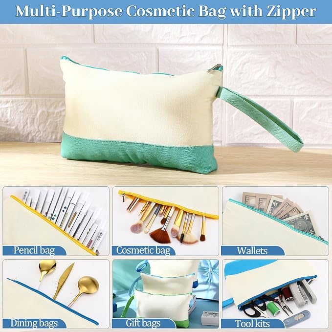 Silkfly 30 Pcs Cotton Canvas Makeup Bags Cosmetic Zipper Bags 10.2 x 5.5 x 2'' Blank DIY Pouch Bulk Pencil Case with Bottom Travel Toiletry Pouch for Women Craft Decor Gift (Blue,Green) - Image 5